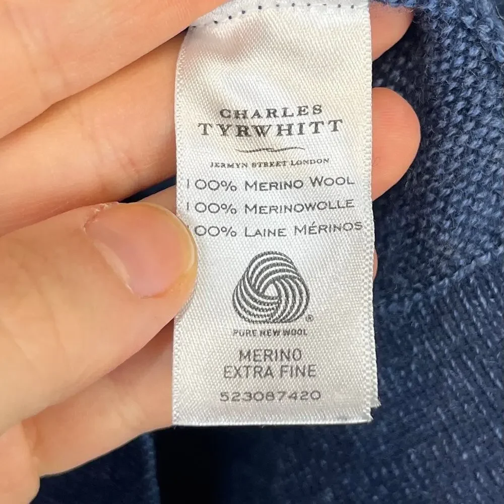CHARLES TYRWHITT Extra Fine Merino Wool 1/4 Zip Pullover Sweater Blue Size M